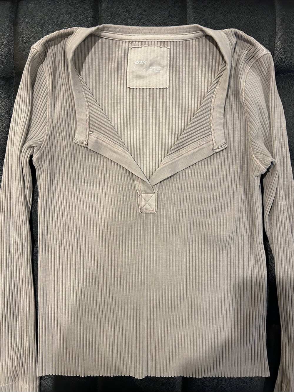 aerie Ribbed Henley Top in Light Taupe